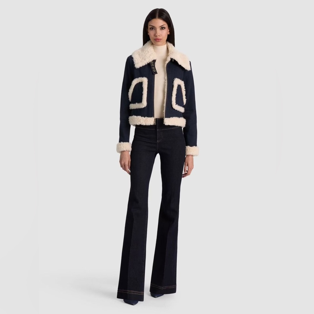 Alice + Olivia Navy Denim Aviator Jacket with Cream Shearling Trim NWT